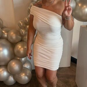One-Shoulder Ruched Mini Dress in Cream